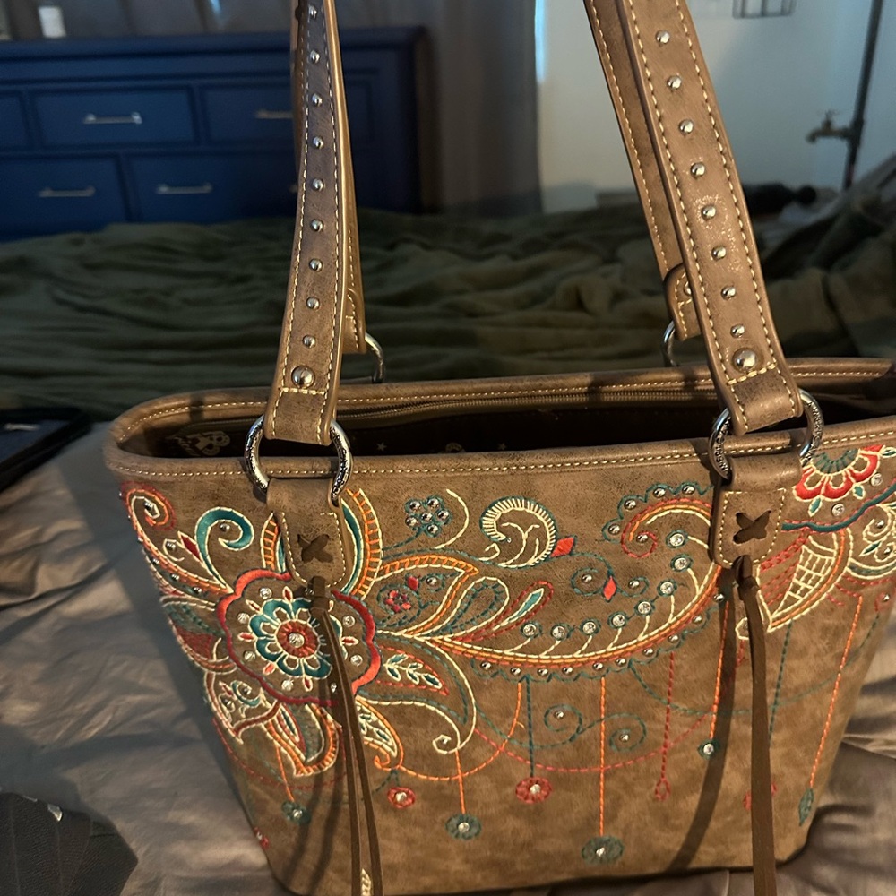 Embroidered Floral Tan Handbag